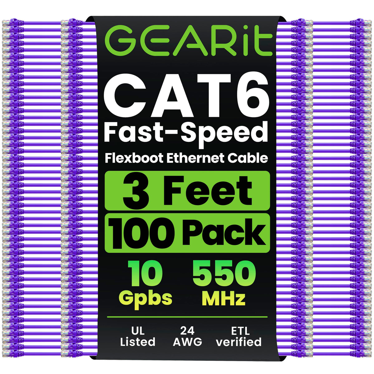 GEARit Cat6 Ethernet Patch Cable 3ft Black 100-Pack Cat 6 Patch Cords