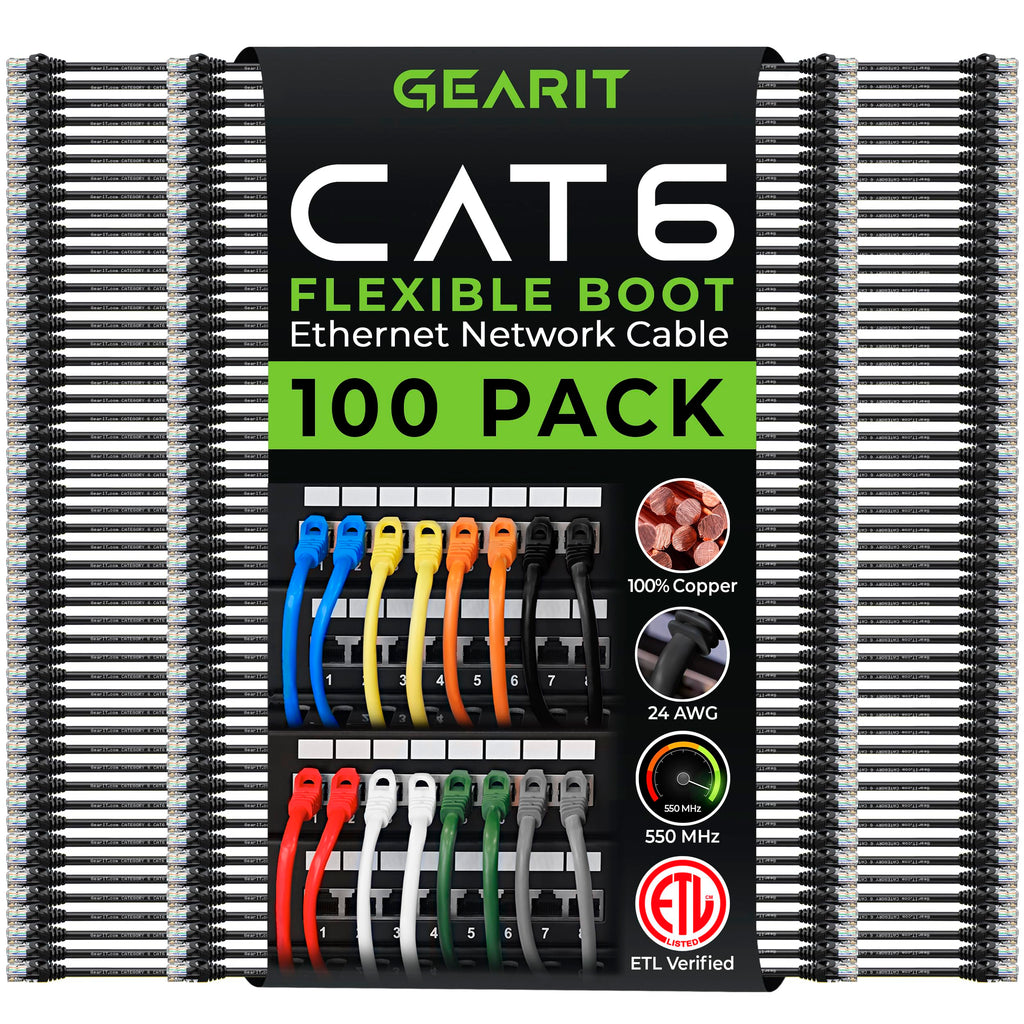 GEARit Cat6 Ethernet Patch Cable 3ft Black 100-Pack Cat 6 Patch Cords