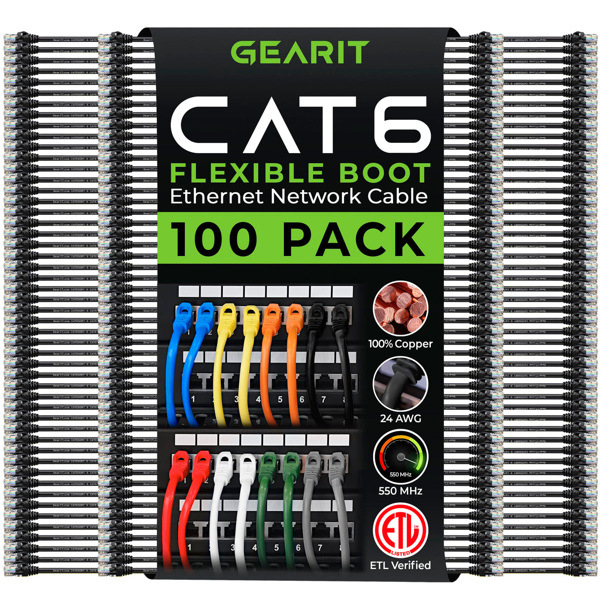 GEARit Cat6 Ethernet Patch Cable 3ft Black 100-Pack Cat 6 Patch Cords