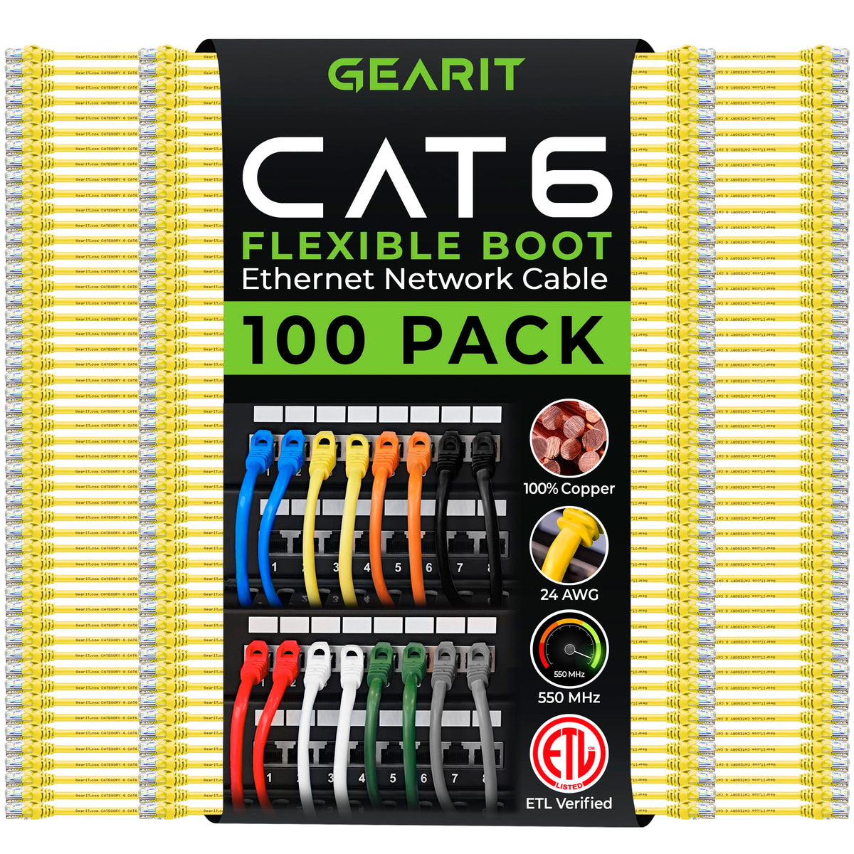 GEARit Cat6 Ethernet Patch Cable 3ft Black 100-Pack Cat 6 Patch Cords
