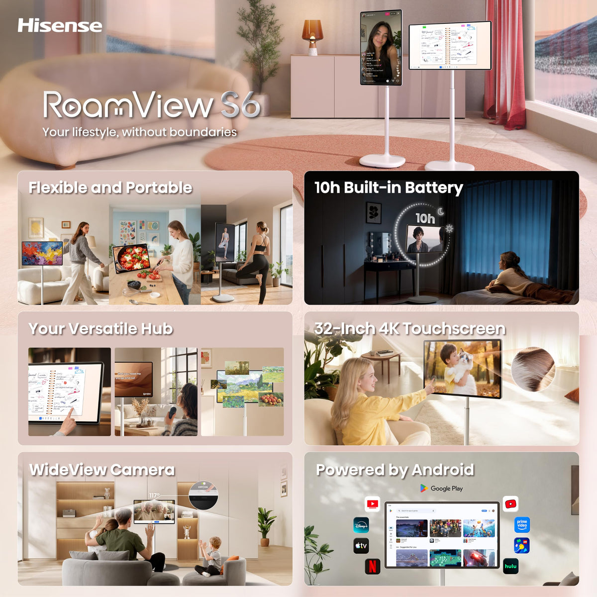 Hisense 32" Class S6 RoamView Sereis Portable 4K UHD Portable Smart TV (32S6S, 2026 Model) -Touchscreen with Adjustable Rolling Stand, Up to 10 Hours Built-in Battery, Android OS with Gemini AI