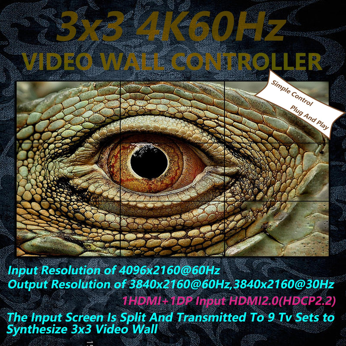 ICUIXIAN Video Wall Controller 3x3 4K60Hz HDMI2.0+HDCP2.2, 18 Splicing Mode
