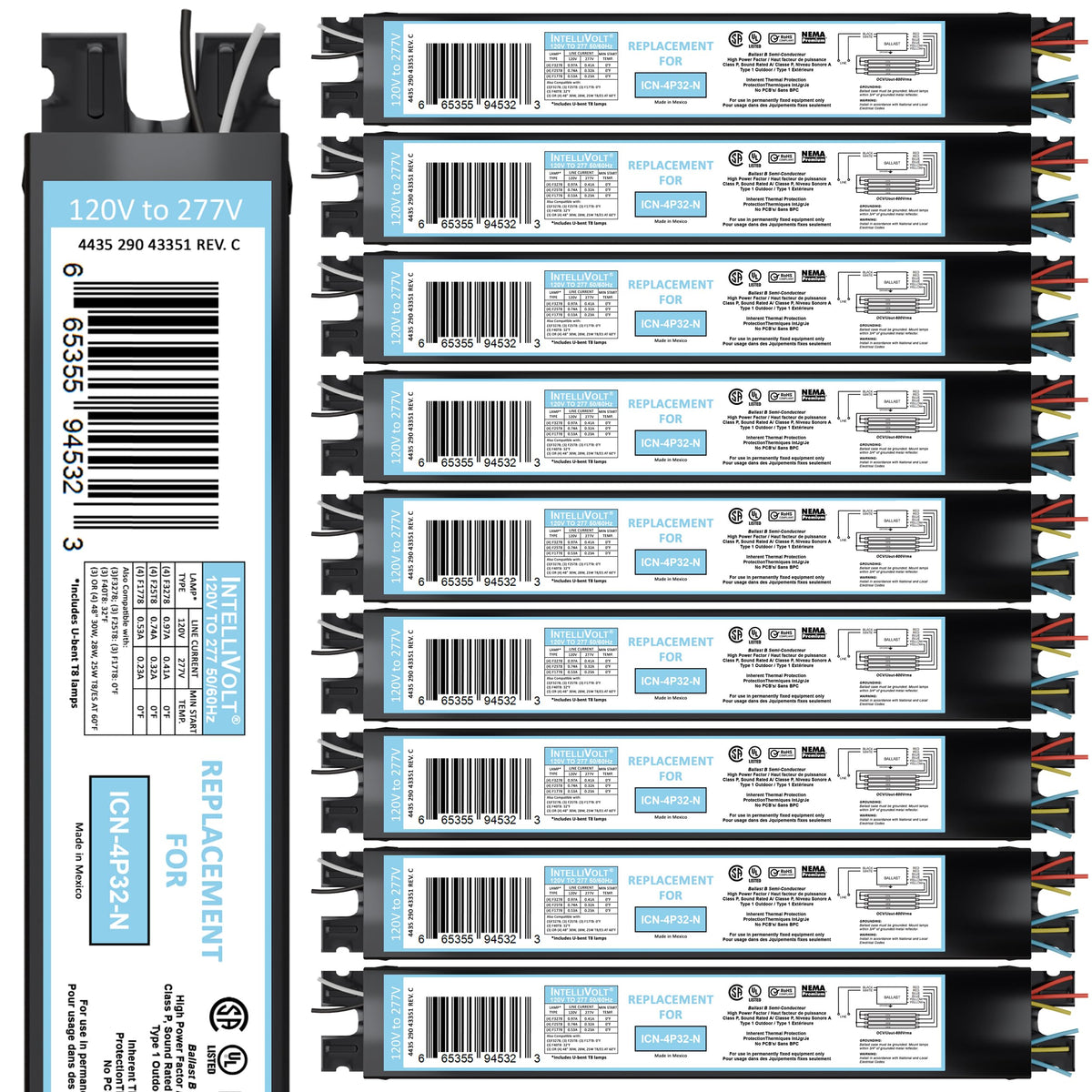 10 Pack 4 Lamp T8 Ballast, Replacement for ICN-4P32-N or SC
