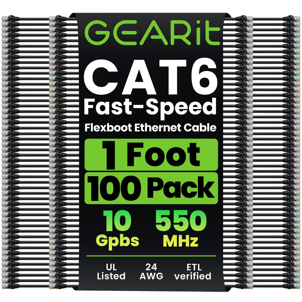GEARit Cat6 Ethernet Patch Cable 3ft Black 100-Pack Cat 6 Patch Cords