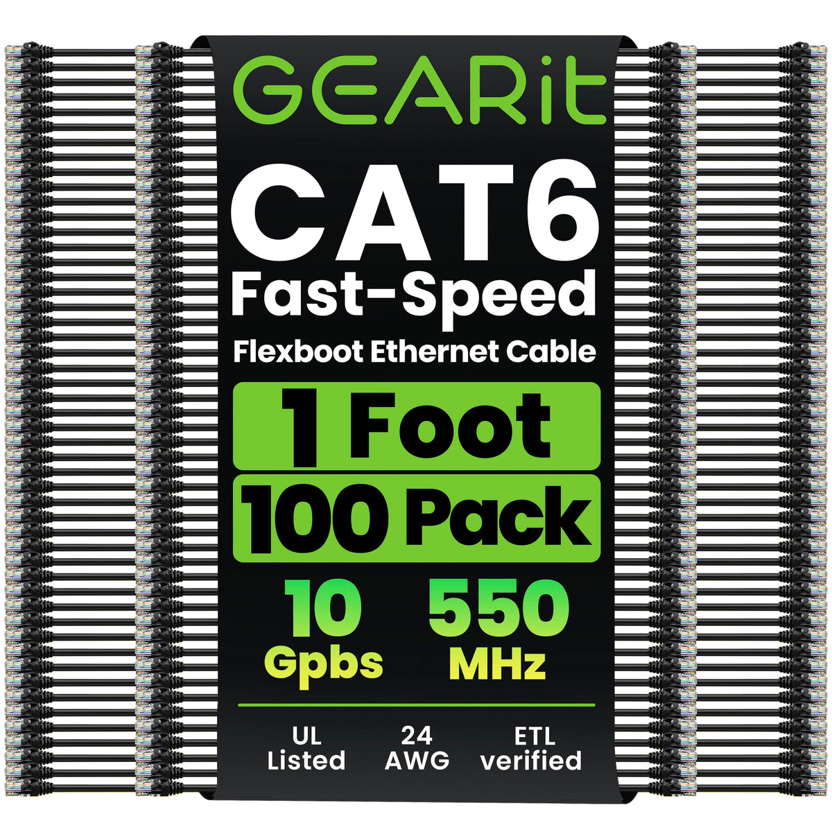 GEARit Cat6 Ethernet Patch Cable 3ft Black 100-Pack Cat 6 Patch Cords